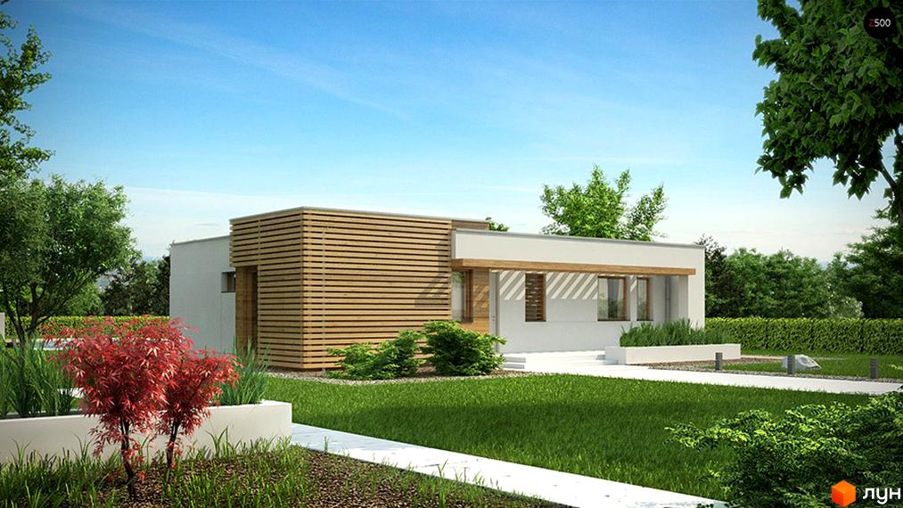 Котеджне містечко КМ Лісне: одноповерховий будинок з дерев'яним фасадом та зеленою прибудинковою територією. Навколо будинку доглянутий газон, дерева та кущі.