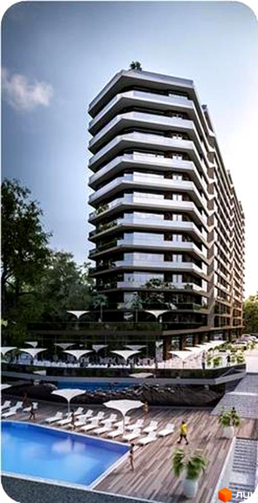 Висотна будівля ЖК Green Wood з панорамними вікнами та балконами. На прибудинковій території розташований басейн, шезлонги та зелені насадження.