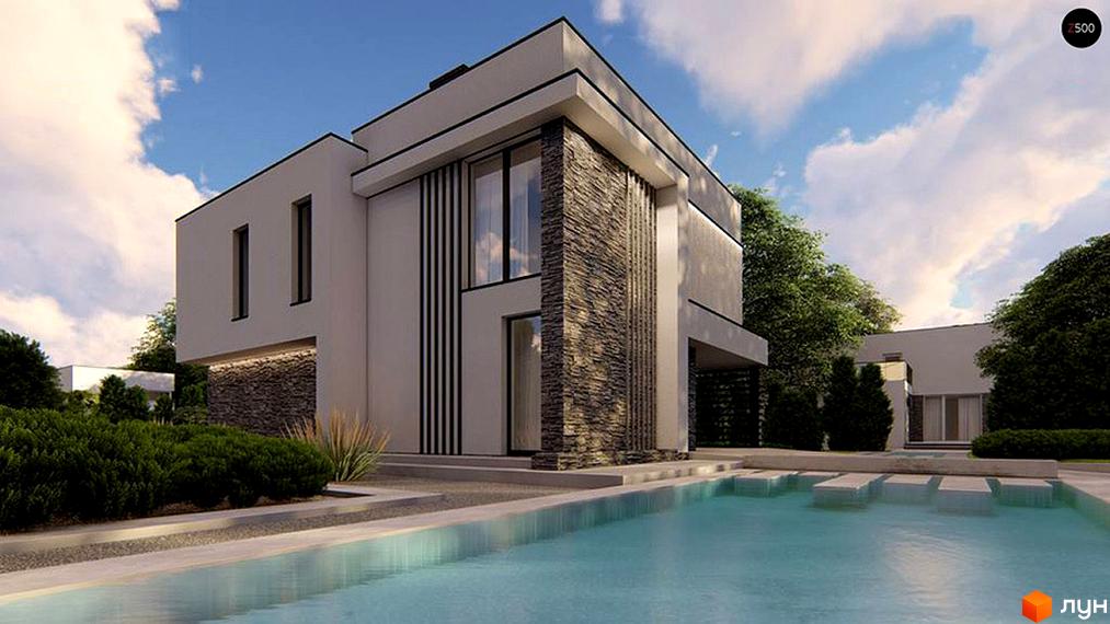 Котеджне містечко КМ Лісне: двоповерховий будинок з кам'яним оздобленням та басейном на прибудинковій території.