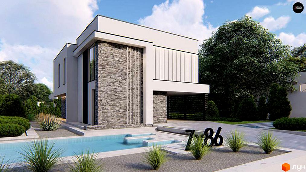 Котеджне містечко КМ Лісне. Будинок з сірим кам'яним фасадом та басейном перед ним. Навколо будинку доглянутий ландшафт з кущами та деревами.