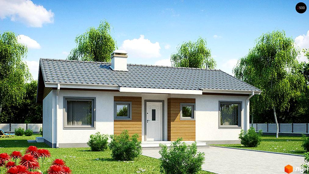 Котеджне містечко КМ Лісне: одноповерховий будинок з сірим дахом та дерев'яними вставками на фасаді, розташований серед зеленої галявини з квітами та деревами.