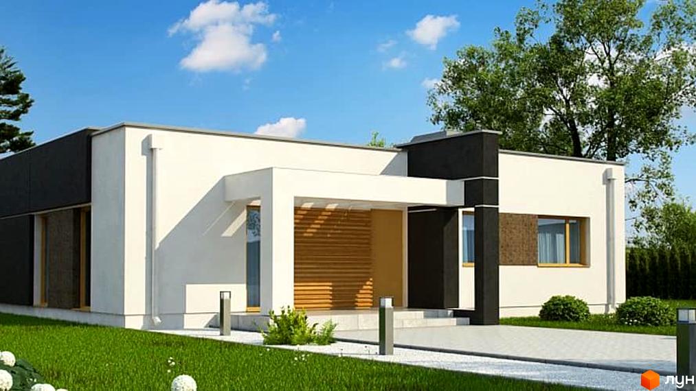 Котеджне містечко КМ Лісне: одноповерховий будинок з білою штукатуркою, темними вставками та дерев'яними елементами. Прибудинкова територія з газоном та доріжками.