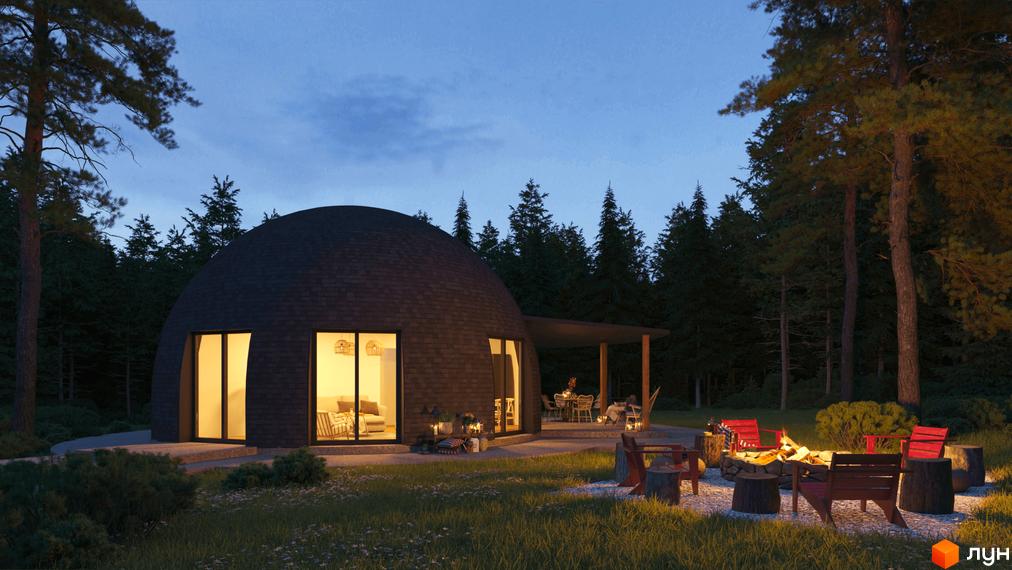 Котеджне містечко КМ Сфера Кетер: купольний будинок з панорамними вікнами та затишною зоною відпочинку з вогнищем біля лісу.