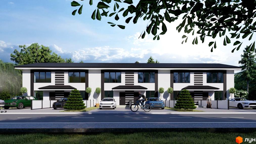 Таунхаус Sanny House – це сучасна двоповерхова новобудова з великими вікнами та чорним дахом. Перед будинками розташовані доглянуті газони, дерева та припарковані автомобілі.