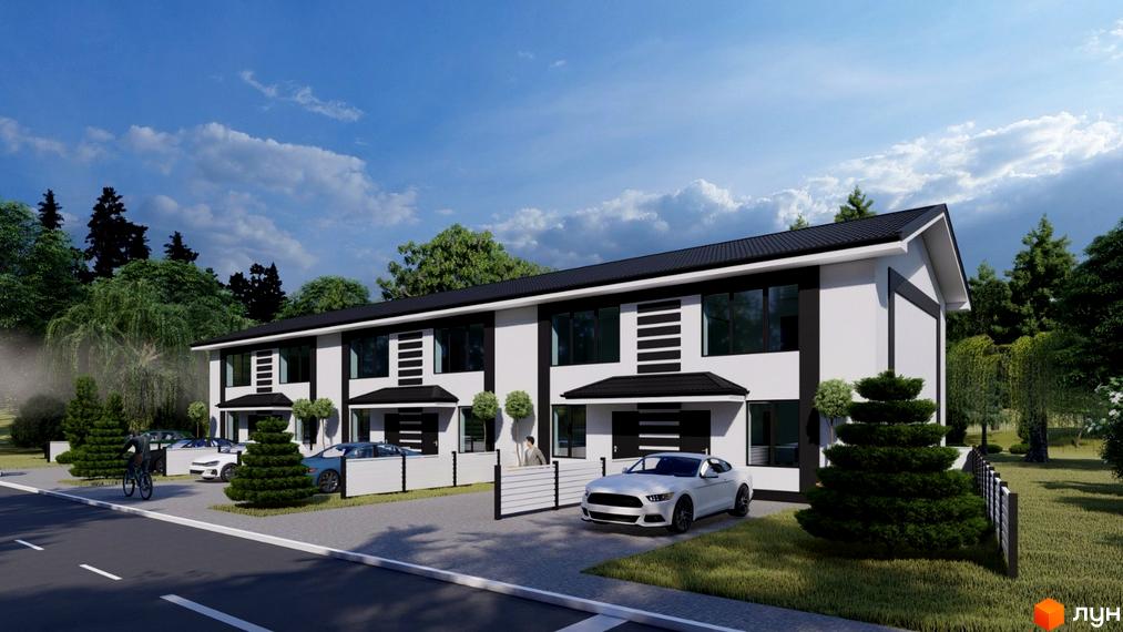 Таунхаус Sanny House з біло-чорним фасадом та парканом, розташований біля дороги з деревами та автомобілями.