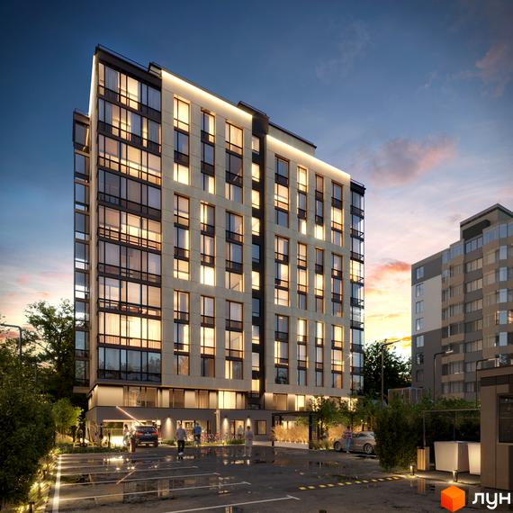 Житловий комплекс Еталон – сучасна новобудова з великими вікнами та підсвіткою фасаду, поруч парковка та зелена зона.