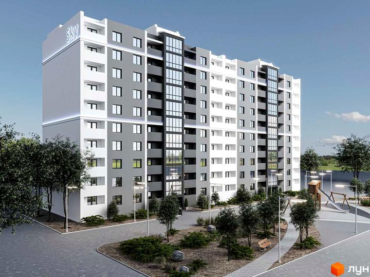 Житловий комплекс Північний: багатоповерховий будинок у сіро-білих тонах. Територія має дерева, доріжки та дитячий майданчик.