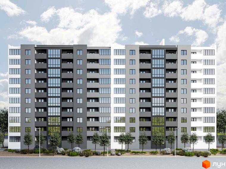 Житловий комплекс Північний: багатоповерховий будинок з сіро-білим фасадом, вікнами та балконами. Прибудинкова територія з зеленими насадженнями та освітленням.