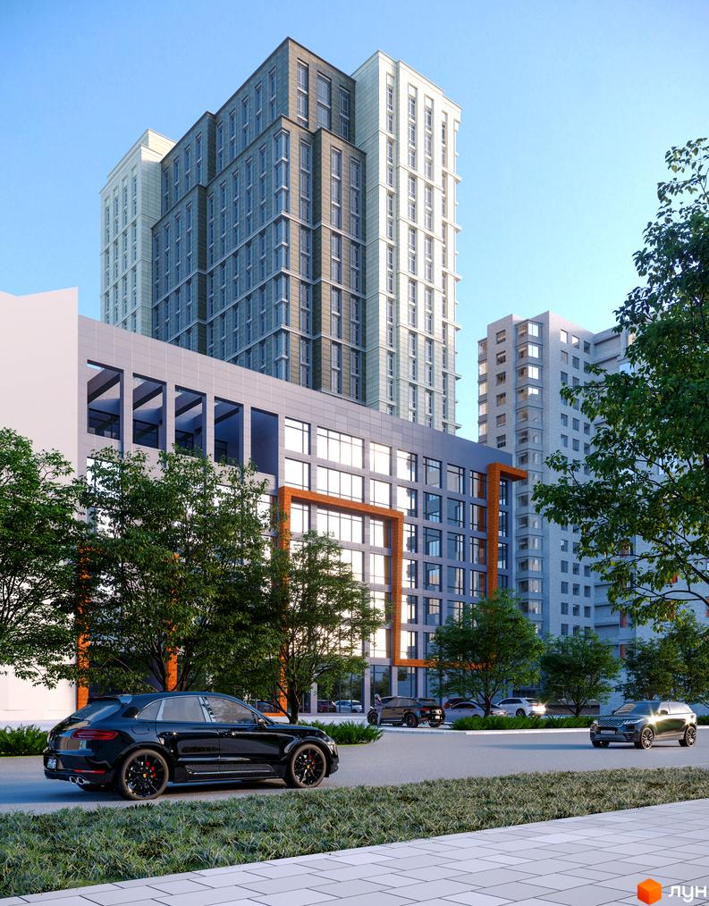 Житловий комплекс Premier Tower: високі будинки з сірими фасадами та помаранчевими акцентами. Прибудинкова територія озеленена деревами, є автомобілі.