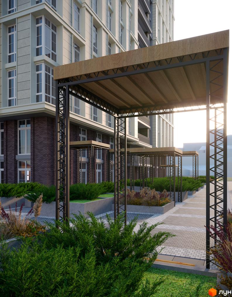 Житловий комплекс Premier Tower: багатоповерховий будинок з світлим фасадом та доглянутою прибудинковою територією з зеленими насадженнями та навісами.