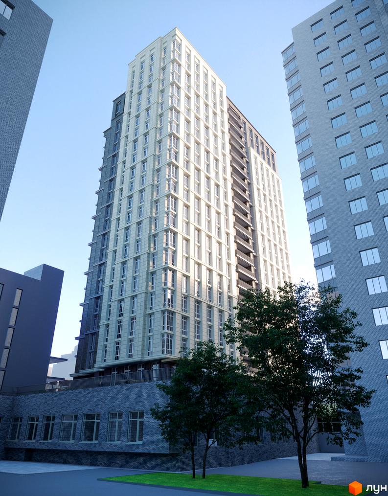 Житловий комплекс Premier Tower: висотна будівля зі світлим фасадом та численними вікнами, оточена зеленими деревами та прибудинковою територією.