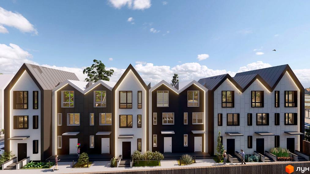 Сучасний житловий комплекс New Smart 15 з фасадами білого та чорного кольору, великими вікнами та підсвіткою. Перед будинками облаштована прибудинкова територія з зеленими насадженнями та доріжками.