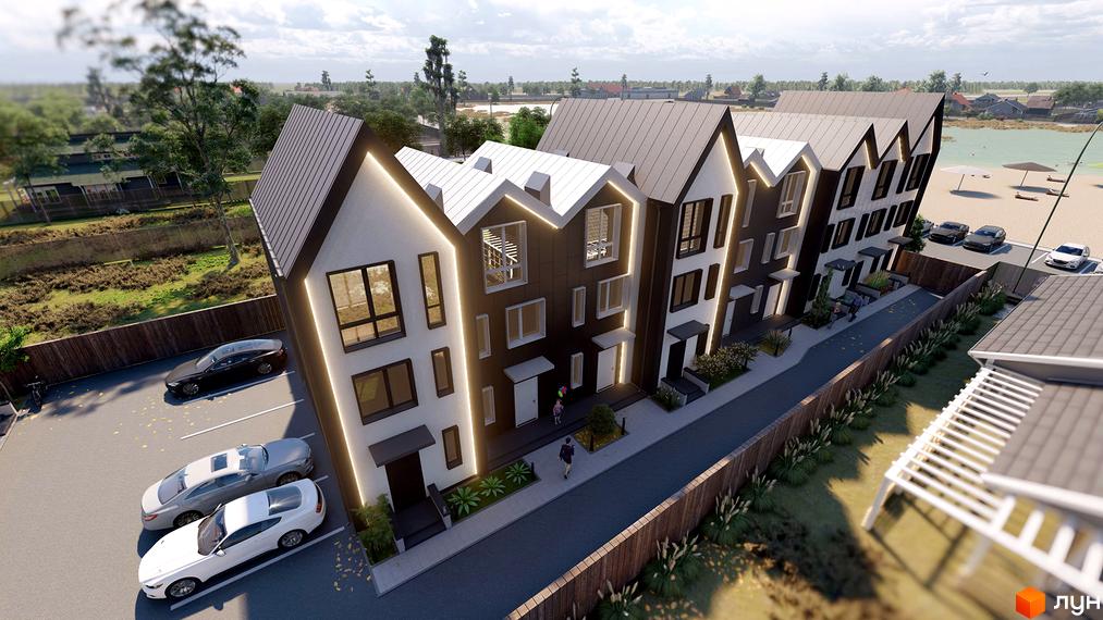 Таунхаус New Smart 15 з темними та світлими фасадами, великими вікнами та двосхилими дахами, розташований біля пляжу з парасольками та машинами на парковці.