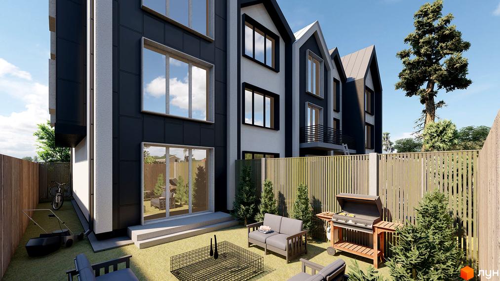 Таунхаус New Smart 15 з сірим фасадом, великими вікнами та заднім двором з барбекю та зоною відпочинку.