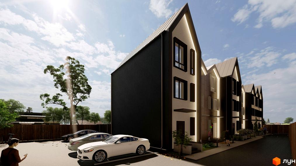 Таунхаус New Smart 15: сучасна архітектура з темними фасадами та великими вікнами, парковка та зелені насадження перед будинками.