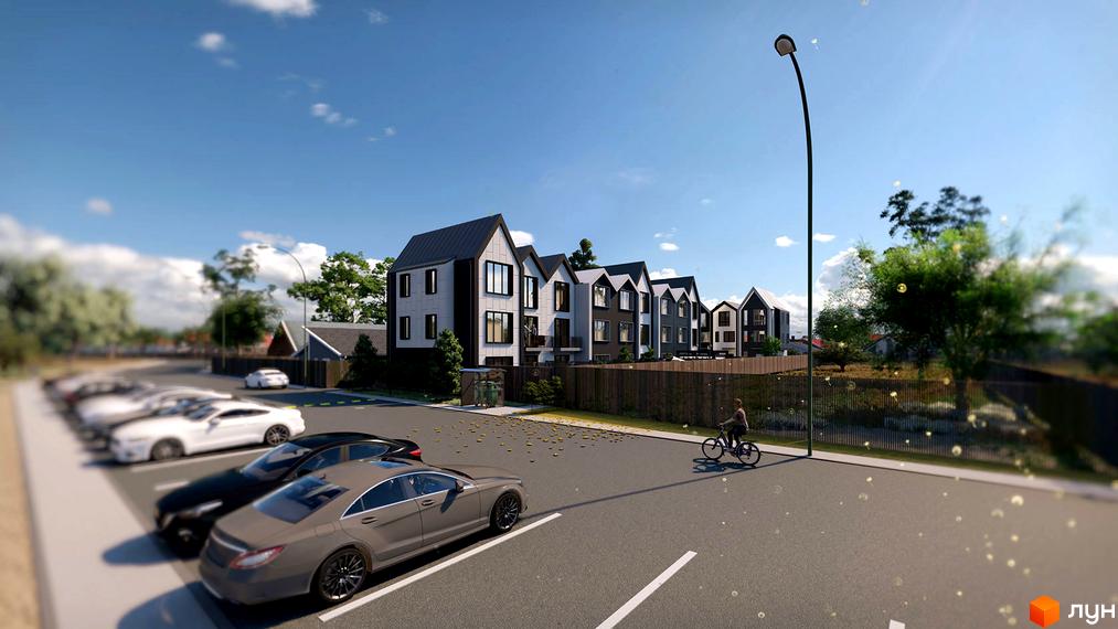 Зовнішній вигляд таунхаусів New Smart 15 з парковкою та пішохідною доріжкою. Сучасна архітектура новобудови в оточенні зелені.