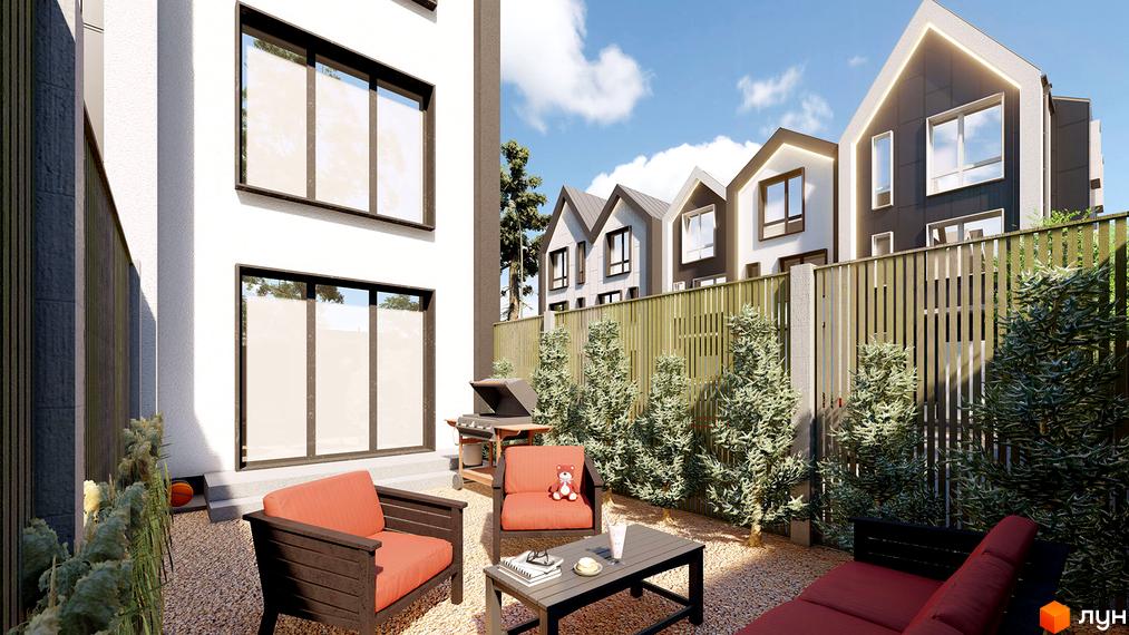 Зовнішній вигляд таунхаусів New Smart 15 з прибудинковою територією, зоною барбекю та місцями для відпочинку. Сучасна архітектура та затишний двір.