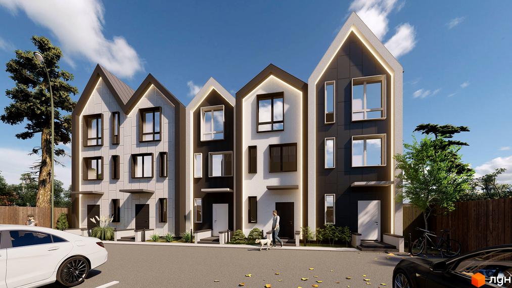 Таунхаус New Smart 15 - фасади будівель з панорамними вікнами та підсвіткою, прибудинкова територія з деревами та автомобілями.