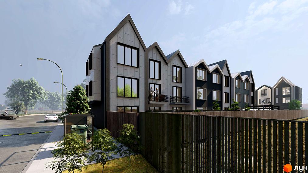 Таунхаус New Smart 15 з сірим фасадом та темними вікнами, розташований біля дороги з деревами та парканом.