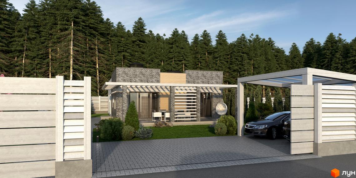 Котеджне містечко Лісові Гореничі: одноповерховий будинок з сірої цегли під навісом, поруч навіс для авто та зелені насадження.