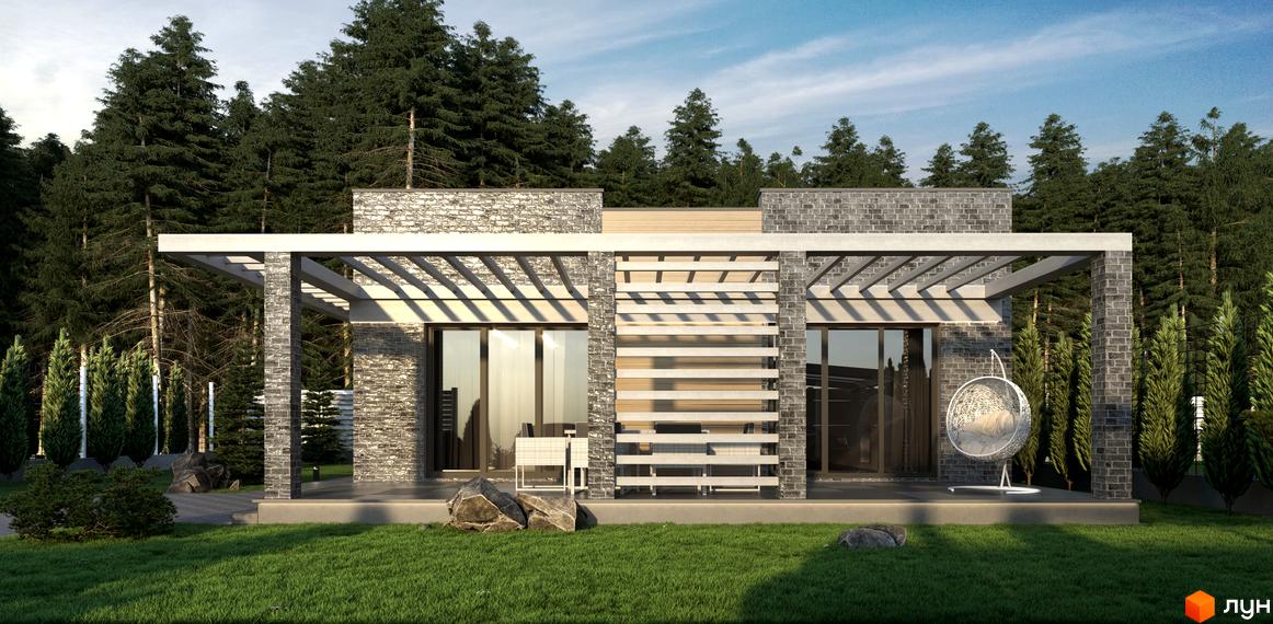 Котеджне містечко КМ Лісові Гореничі: одноповерховий будинок з цегляним оздобленням та перголою, оточений зеленню та деревами.