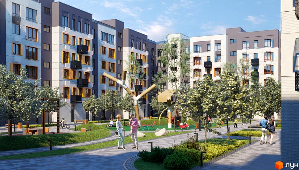 Житловий комплекс Молодість: фасади будинків з жовтими акцентами та дитячий майданчик з деревами.