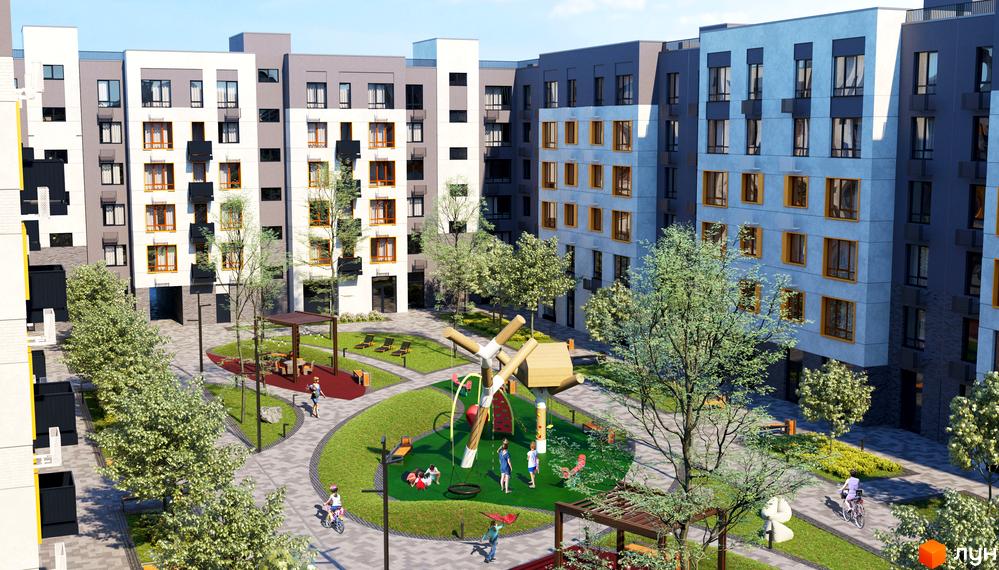 Житловий комплекс Молодість: фасади будівель з сірими та білими елементами, жовтими вікнами та балконами. На прибудинковій території дитячий майданчик, зелені зони та пішохідні доріжки.