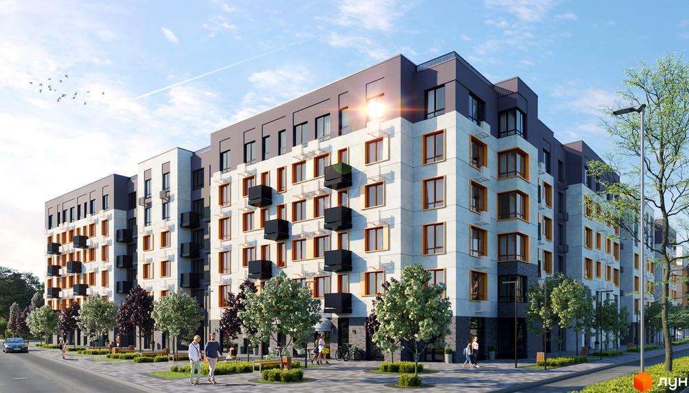 Зовнішній вигляд житлового комплексу Молодість з сірими та білими фасадами, балконами та вікнами. Навколо будинку зелені дерева та доглянута прибудинкова територія.