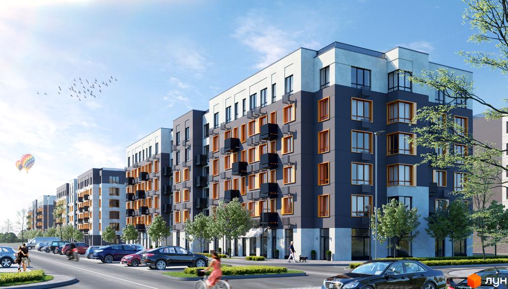 Зовнішній вигляд житлового комплексу Молодість з сірими фасадами та помаранчевими вікнами, автомобілями на парковці та зеленими деревами.