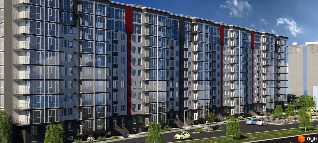 Багатоповерховий будинок ЖК Boulevard з великими вікнами та балконами. На прибудинковій території є зелені насадження та парковка для автомобілів.