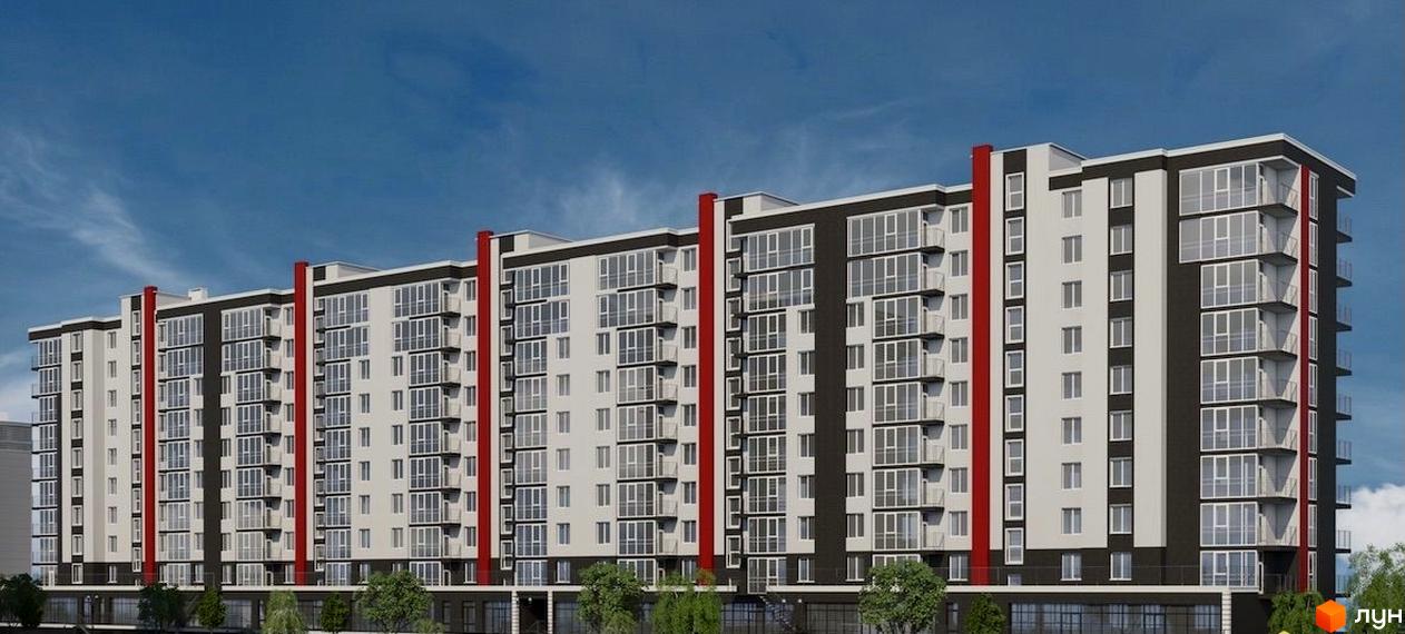 Багатоповерховий будинок ЖК Boulevard з панорамними вікнами та балконами. На прибудинковій території зелені насадження та дерева.