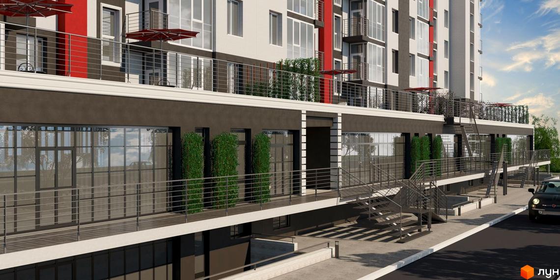 Зовнішній вигляд новобудови ЖК Boulevard з балконами та терасами. Прибудинкова територія з сходами та автомобілем.