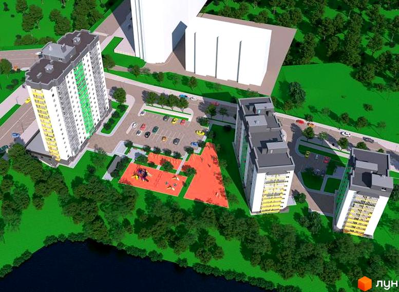 Комплекс Гетьманський: висотні будинки з біло-сірими фасадами та зеленими вставками, дитячий майданчик та парковка.