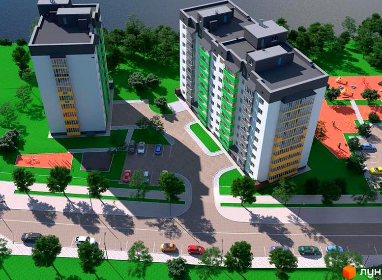 Житловий комплекс Гетьманський: сучасна архітектура з зеленими фасадами та упорядкована прибудинкова територія з дитячим майданчиком та парковкою.