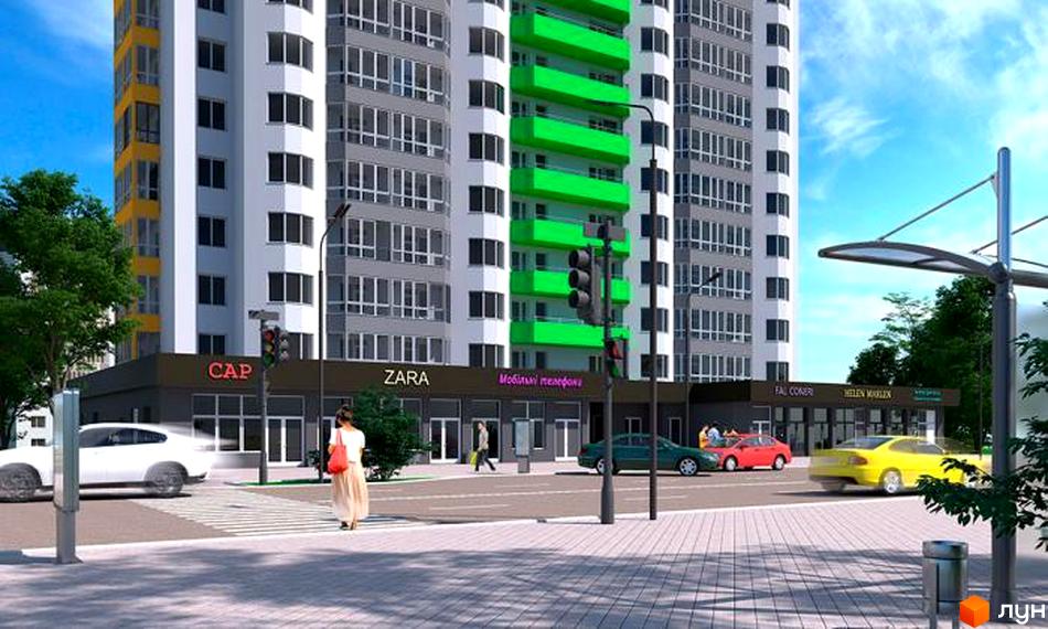 Новобудова ЖК Гетьманський з яскравими зеленими балконами та сірими фасадами, розташована біля дороги з автомобілями та пішохідним переходом.