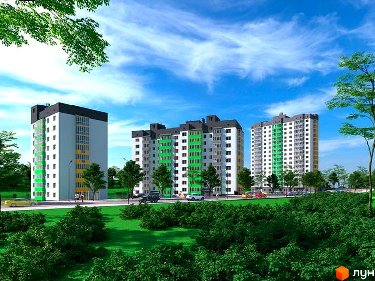 Житловий комплекс Гетьманський: три багатоповерхові будинки з білими фасадами та зеленими вертикальними елементами, оточені зеленими насадженнями та дорогою з автомобілями.