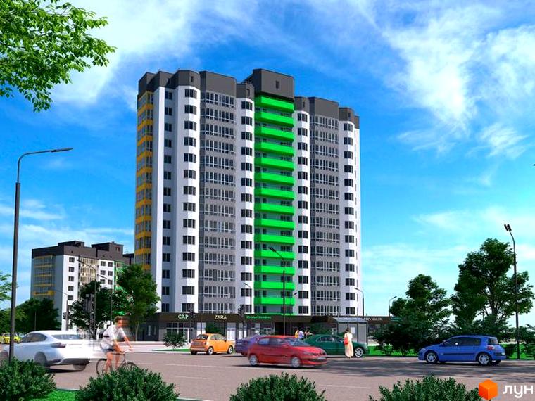Зовнішній вигляд новобудови ЖК Гетьманський з яскравими зеленими та жовтими акцентами, що домінує над міським пейзажем. На передньому плані видно дорогу з автомобілями та пішоходами, що створює атмосферу міського життя.