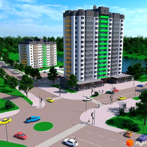 Житловий комплекс Гетьманський: висотні будинки з яскравими фасадами та зеленою територією. Навколо комплексу розташовані дороги, дерева та водойма.