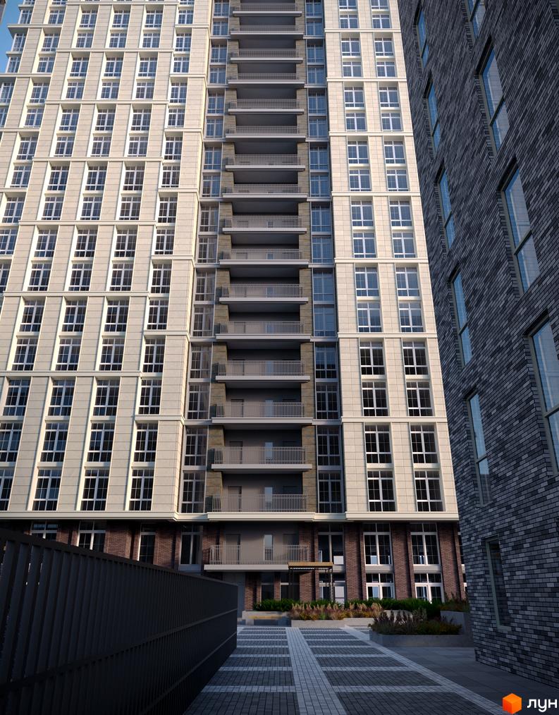 Високий будинок житлового комплексу Premier Tower зі світлим фасадом, численними вікнами та балконами. Поруч брукована прибудинкова територія.