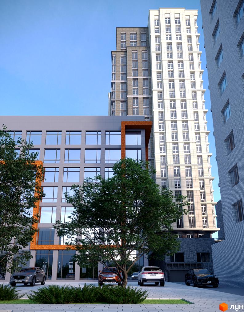 Житловий комплекс Premier Tower: високі будинки світлих та сірих відтінків з великими вікнами. Прибудинкова територія з деревами, кущами та припаркованими автомобілями.