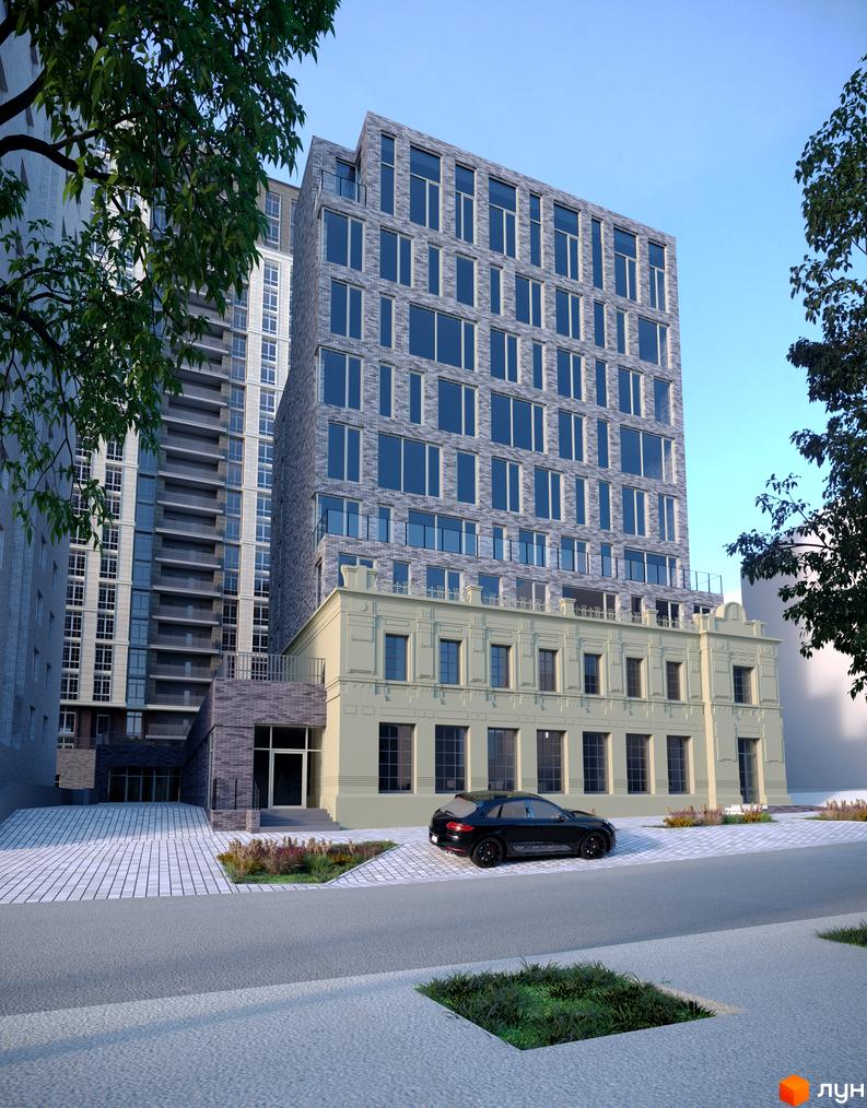 Житловий комплекс Premier Tower з багатоповерховим будинком з сірим цегляним фасадом та світлою нижньою частиною. Прибудинкова територія має бруківку та зелені насадження.