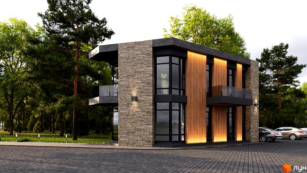 Будинок Котеджного містечка 9 ЕЛЕМЕНТІВ з фасадом з цегли та дерев'яних панелей, великими вікнами. Поруч вимощена парковка та зелені дерева.