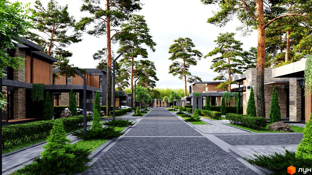 Котеджне містечко КМ 9 ЕЛЕМЕНТІВ: фасади будинків з цегли та дерева, доріжки з бруківки та зелені насадження. Територія котеджного містечка з доглянутими газонами та деревами.