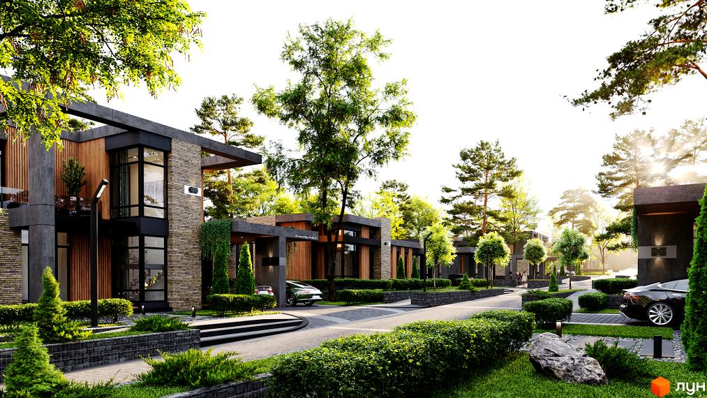 Зовнішній вигляд будинків КМ 9 ЕЛЕМЕНТІВ з цегляним фасадом, великими вікнами та дерев'яними елементами. Навколо будівель доглянута прибудинкова територія з газоном та кущами.