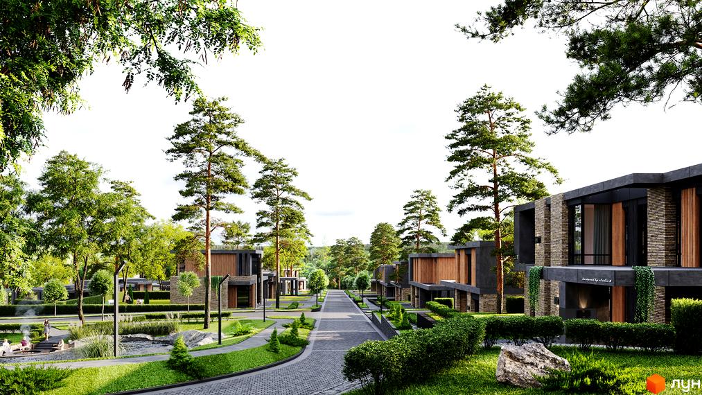 Котеджне містечко КМ 9 ЕЛЕМЕНТІВ. Зовнішній вигляд будинків з цегляним фасадом та дерев'яними елементами, розташованих вздовж вулиці з доглянутою прибудинковою територією та зеленими насадженнями.