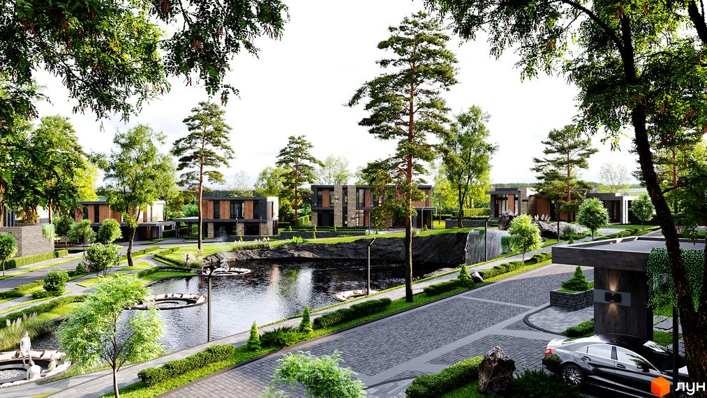 Котеджне містечко 9 ЕЛЕМЕНТІВ: будинки з темними фасадами та дерев'яними елементами біля водойми з водоспадом та зеленими насадженнями.