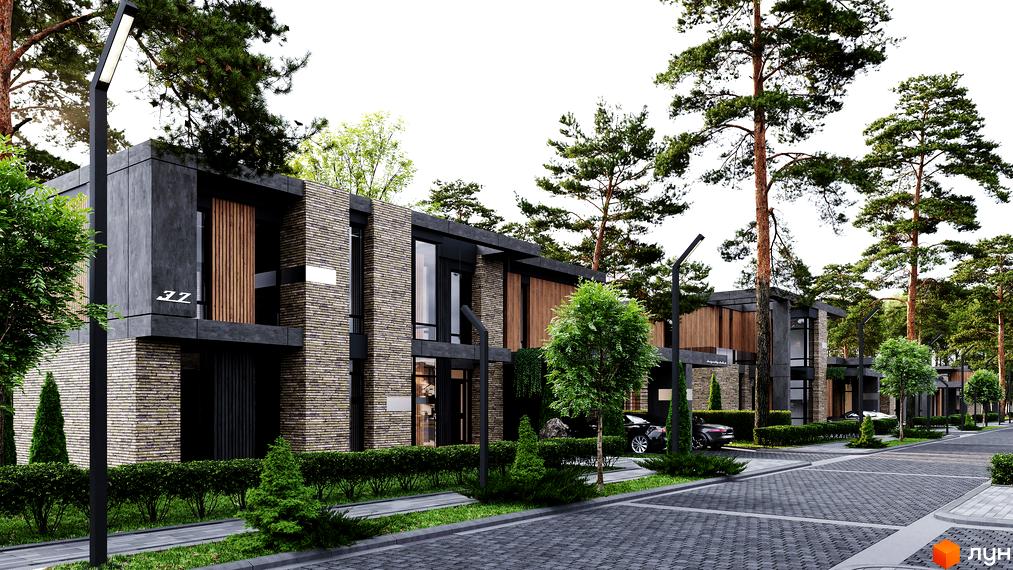 Будинки Котеджного містечка 9 ЕЛЕМЕНТІВ з цегли, темних панелей, дерева. Довкола бруківка, зелені насадження та високі сосни.