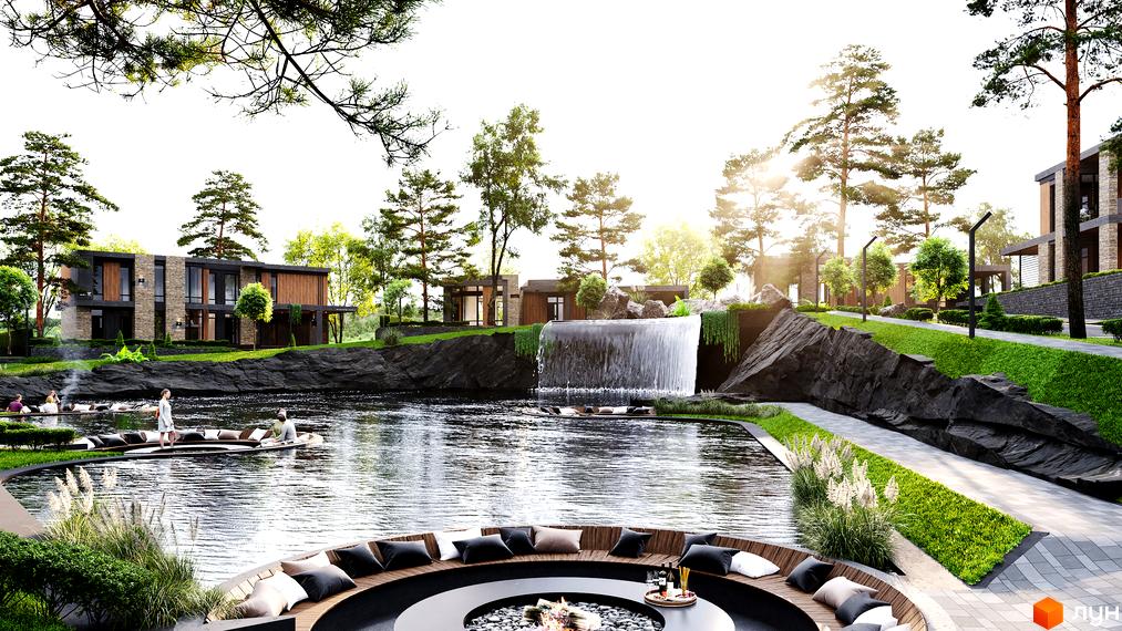 Котеджне містечко 9 ЕЛЕМЕНТІВ: будинки з кам'яним та темним оздобленням, водойма з водоспадом, зелені зони та місця для відпочинку.