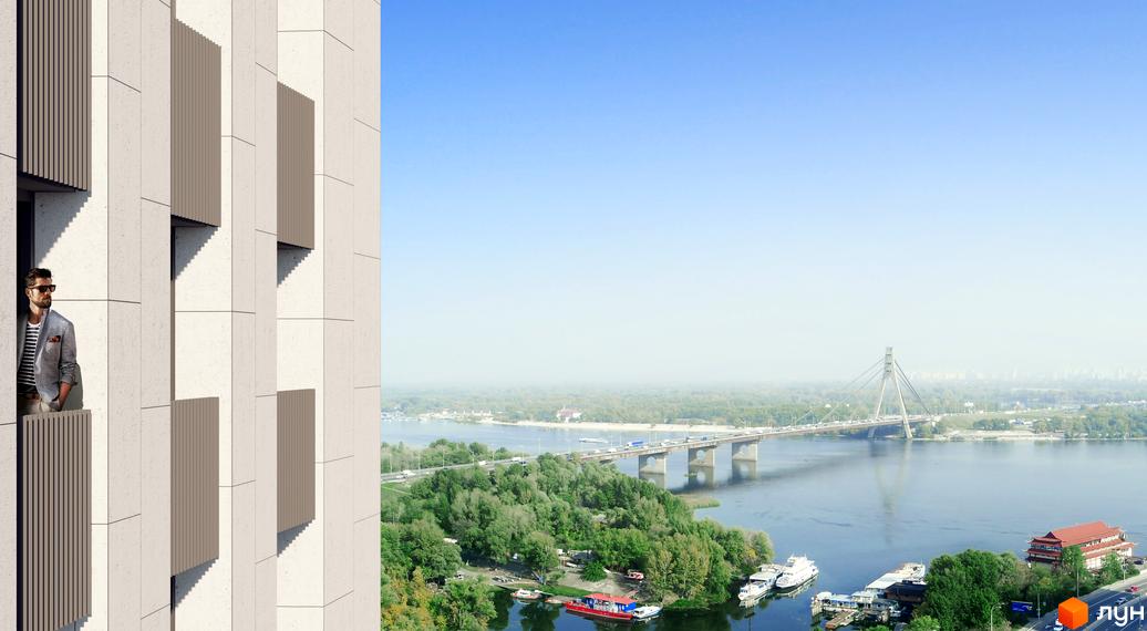 Зображення фасаду ЖК BEREG Residence з виглядом на міст через річку. На передньому плані чоловік на балконі.