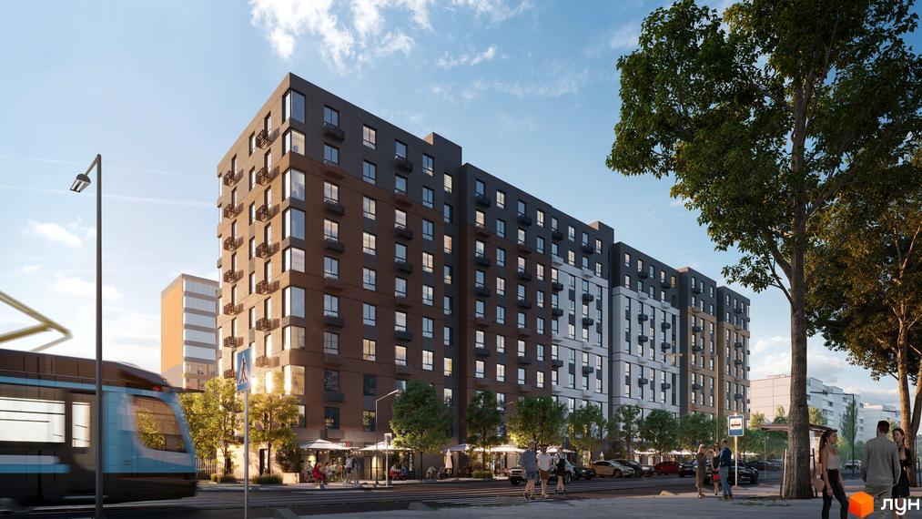 Зовнішній вигляд житлового комплексу Osnova з фасадами різних кольорів та балконами. Навколо комплексу зелені насадження, вулиця з трамваєм та людьми.